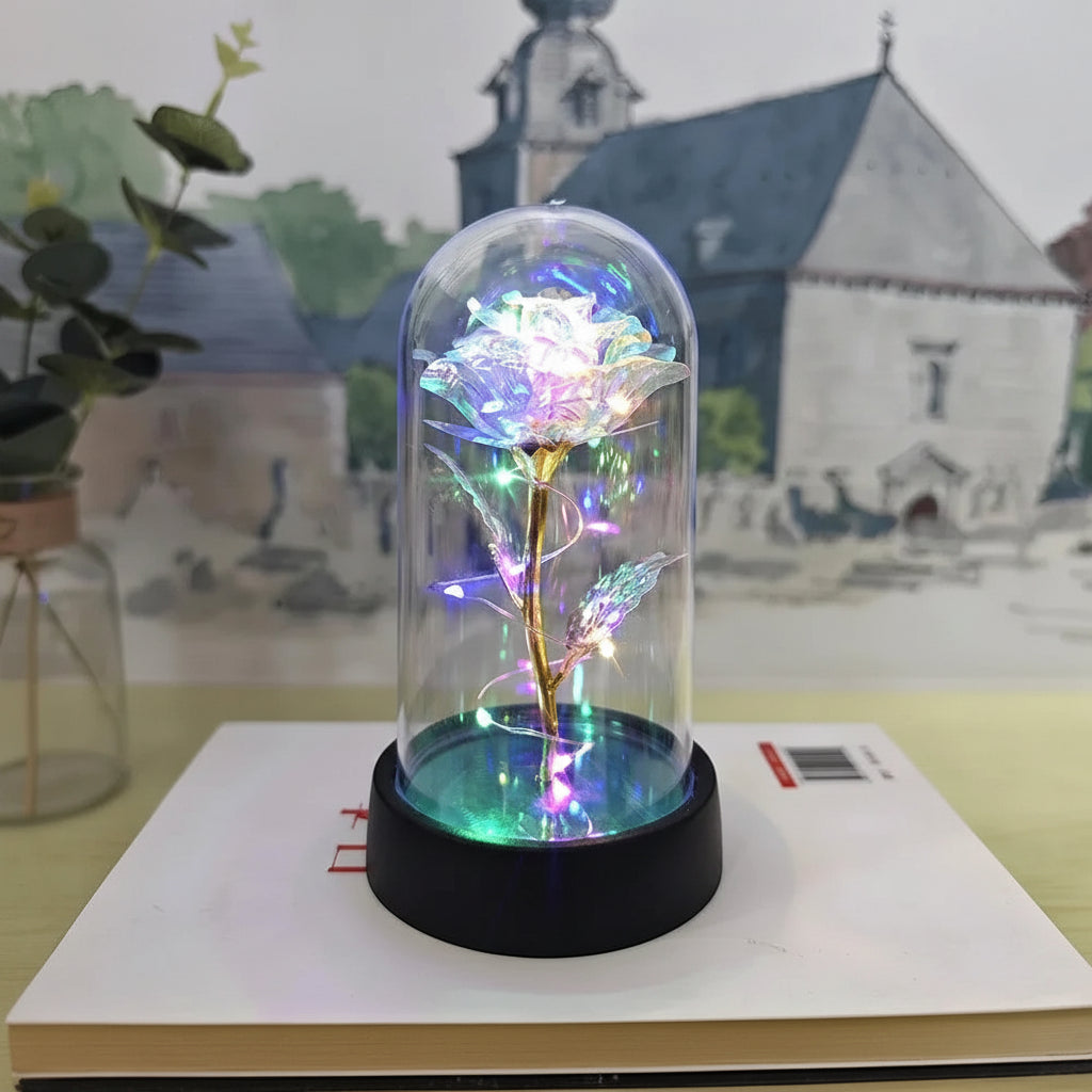 Lampada da tavolo LED con cupola di vetro a forma di rosa Luce decorativa romantica