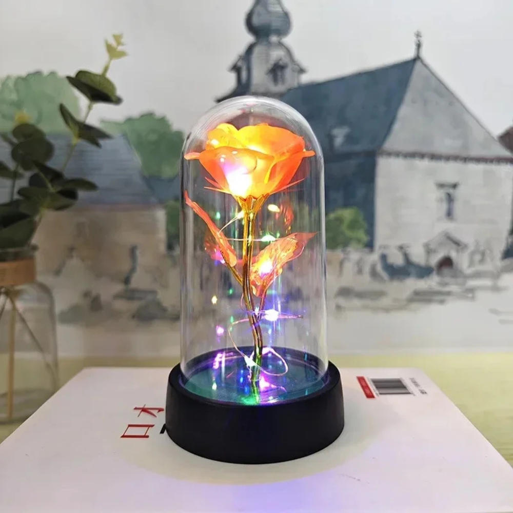 Lampada da tavolo LED con cupola di vetro a forma di rosa Luce decorativa romantica