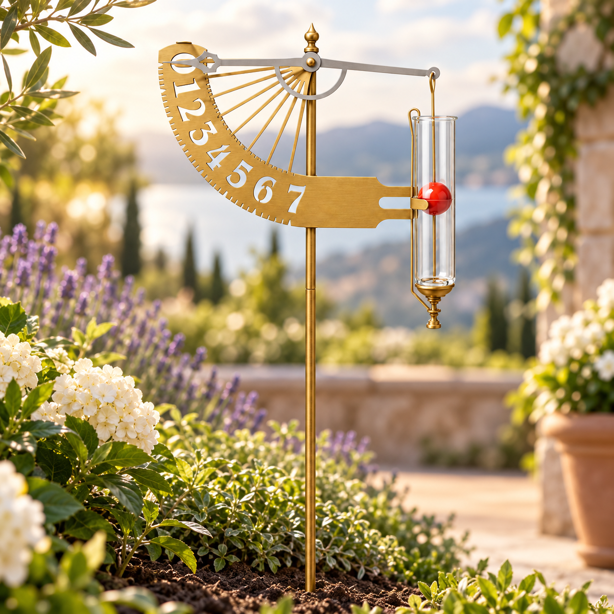 Dekorativer Regenmesser als Gartenstecker für den Außenbereich