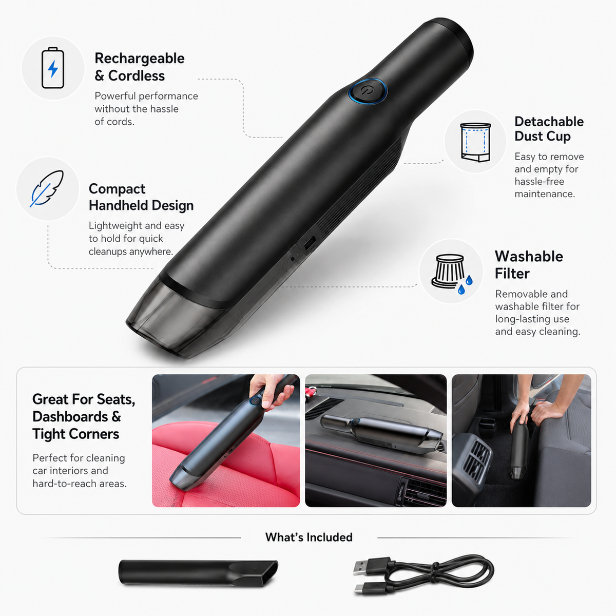 Rechargeable Car Vacuum Portable Cordless Handheld Compact