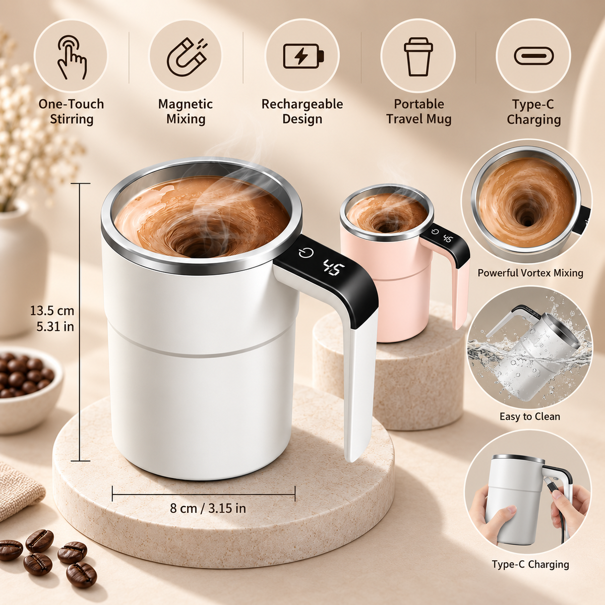 Wiederaufladbarer Kaffeebecher, tragbar, selbstumrührend, für unterwegs
