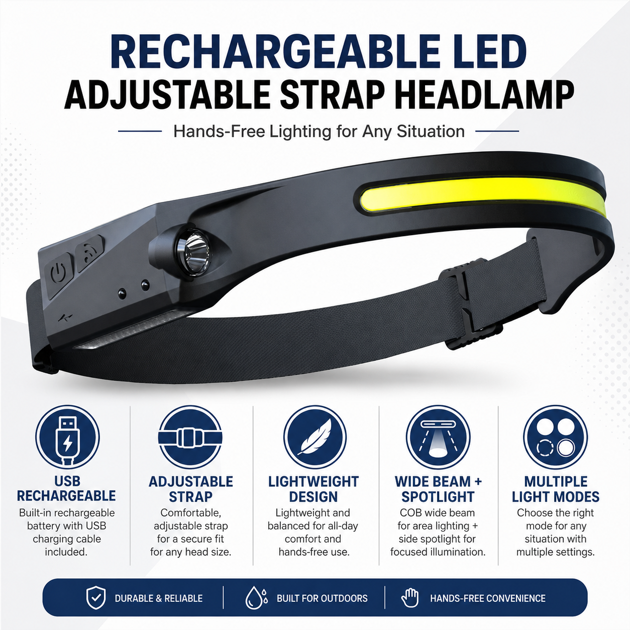 Rechargeable Headlamp LED Adjustable Strap Lightweight