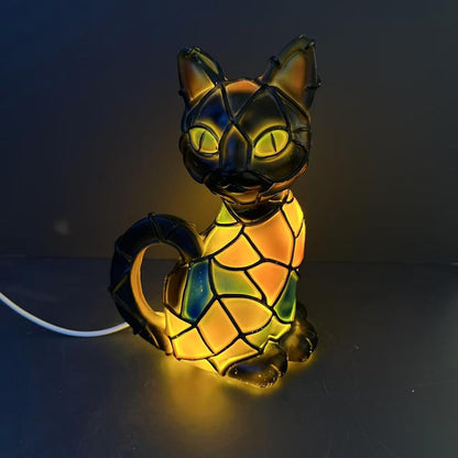 Resin Cat Lamp Tiffany Style Figurine Warm Glow Table Lamp