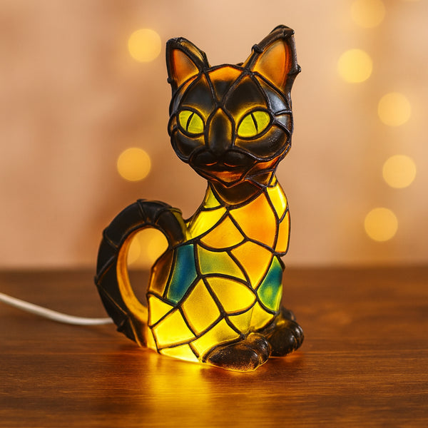 Harplast kattefigur Tiffany-stil bordlampe med varmt skær