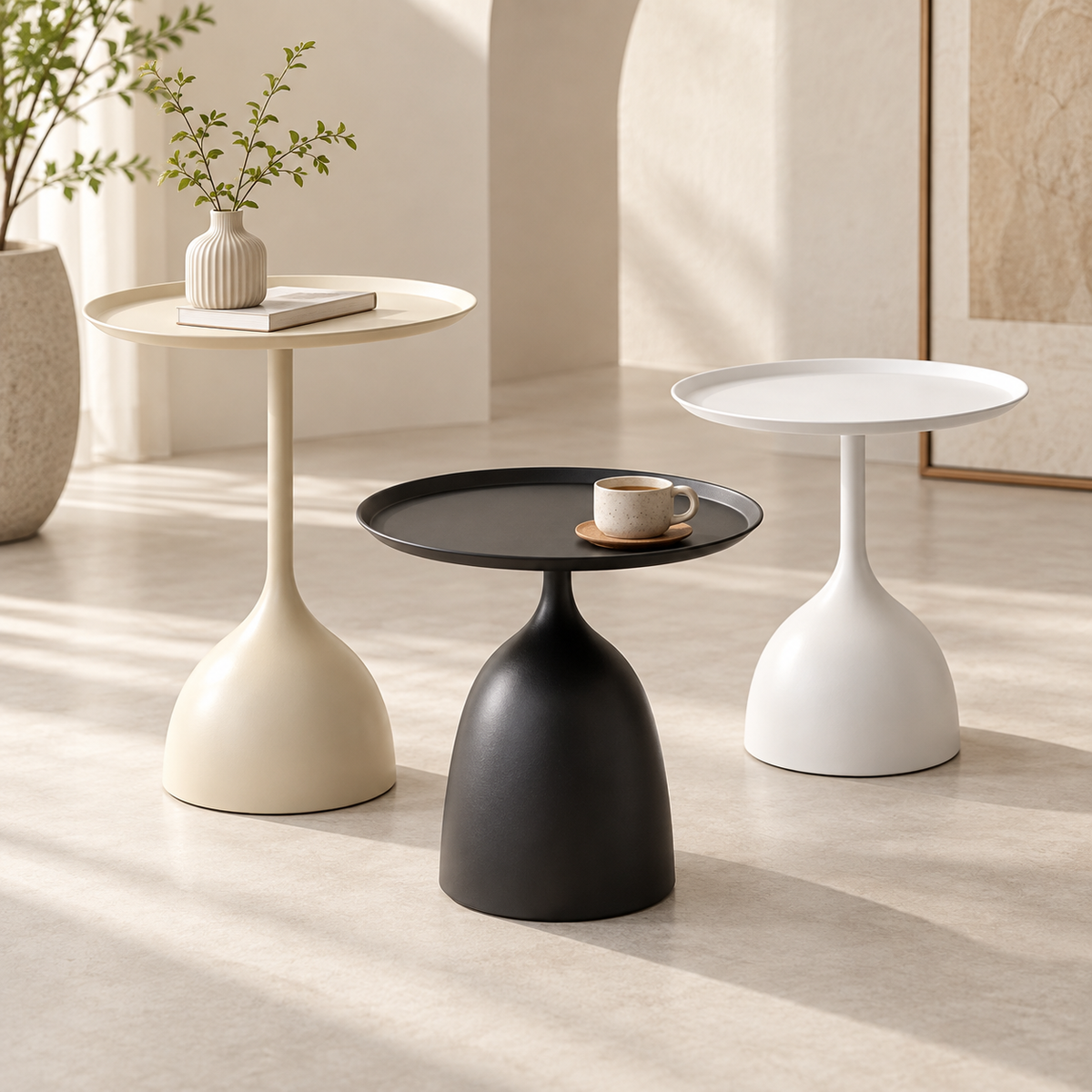 Round Metal Modern Side Table Pedestal Minimalist Design
