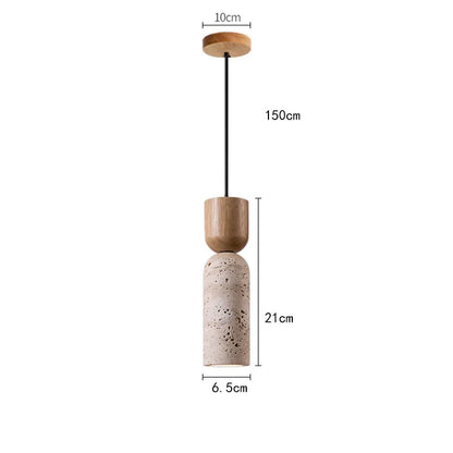 Candeeiro Suspenso Wabi-Sabi em Travertino e Madeira | Iluminação Minimalista Japonesa para Cabeceira
