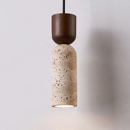 Candeeiro Suspenso Wabi-Sabi em Travertino e Madeira | Iluminação Minimalista Japonesa para Cabeceira