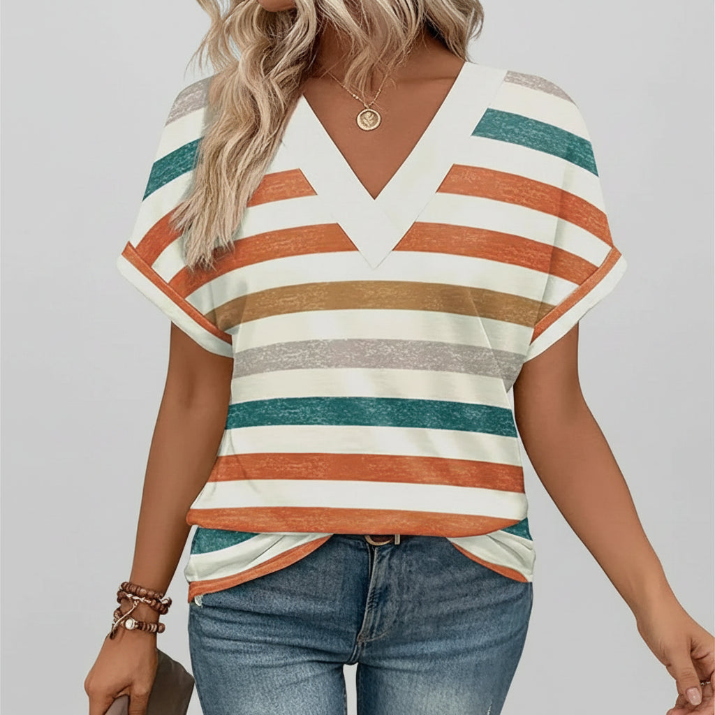 Damen T-Shirt Lässig V-Ausschnitt Lockerer Sitz Kurzarm Sommeroberteil