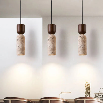 Candeeiro Suspenso Wabi-Sabi em Travertino e Madeira | Iluminação Minimalista Japonesa para Cabeceira