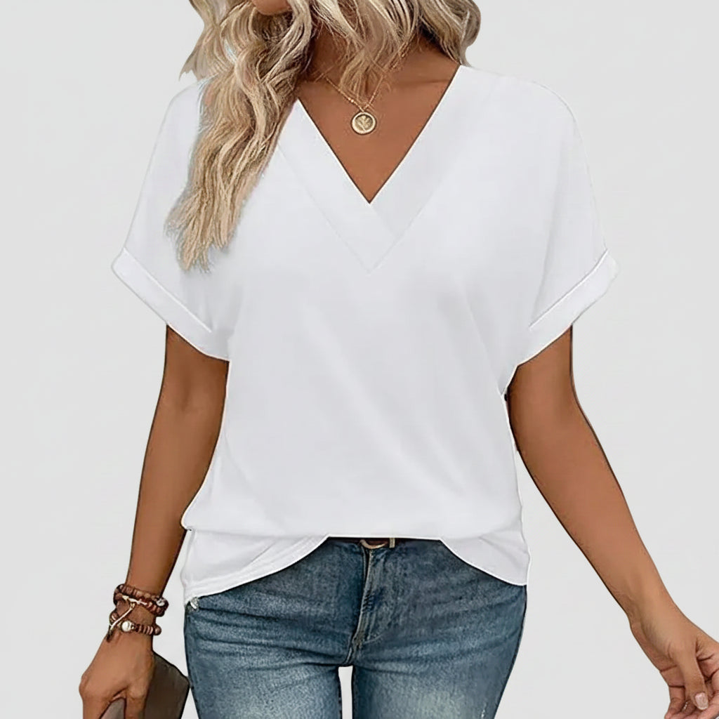 Damen T-Shirt Lässig V-Ausschnitt Lockerer Sitz Kurzarm Sommeroberteil