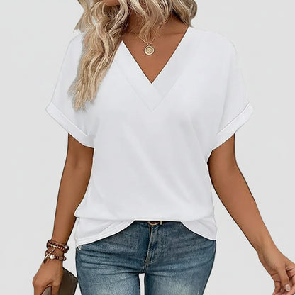 Damen T-Shirt Lässig V-Ausschnitt Lockerer Sitz Kurzarm Sommeroberteil