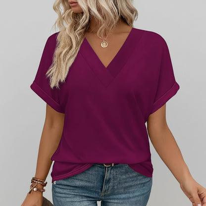 Damen T-Shirt Lässig V-Ausschnitt Lockerer Sitz Kurzarm Sommeroberteil