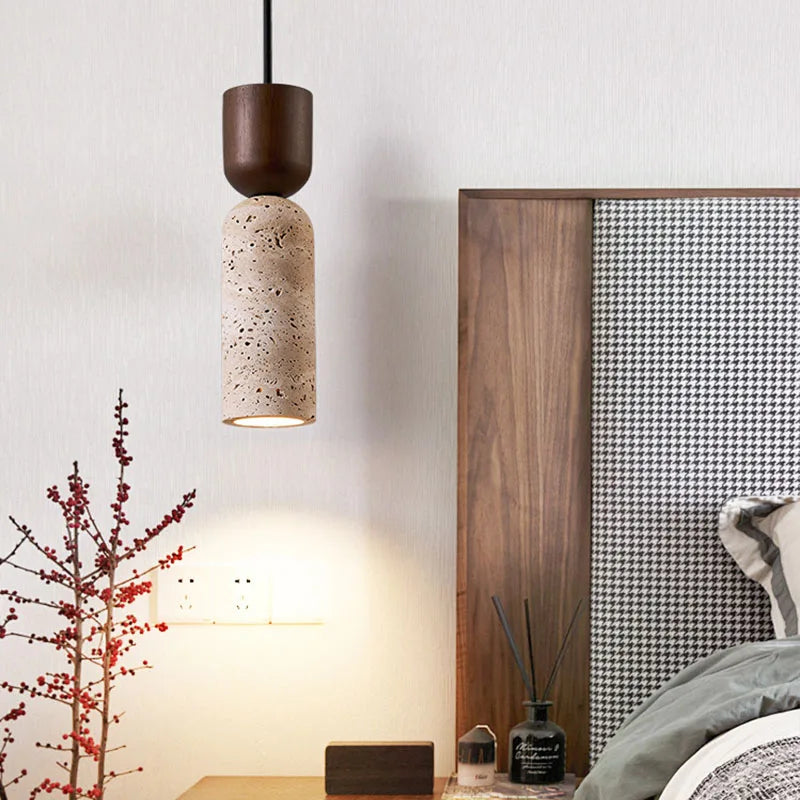 Candeeiro Suspenso Wabi-Sabi em Travertino e Madeira | Iluminação Minimalista Japonesa para Cabeceira