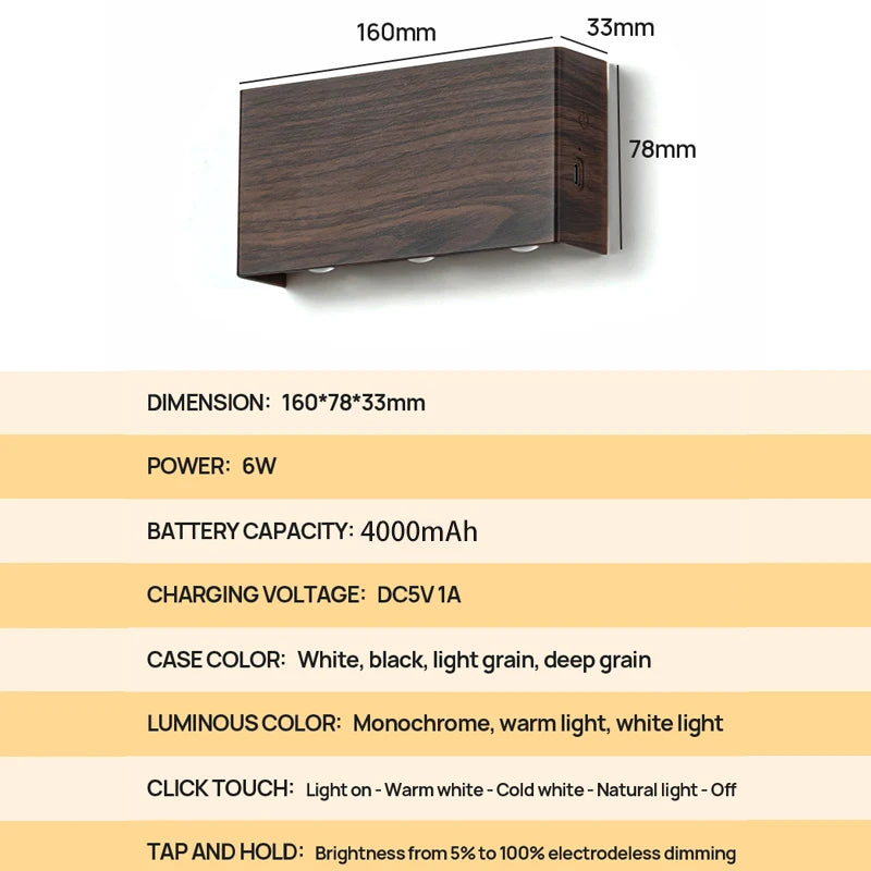Lume da Parete Ricaricabile LumiBlock | Design Minimalista Effetto Legno