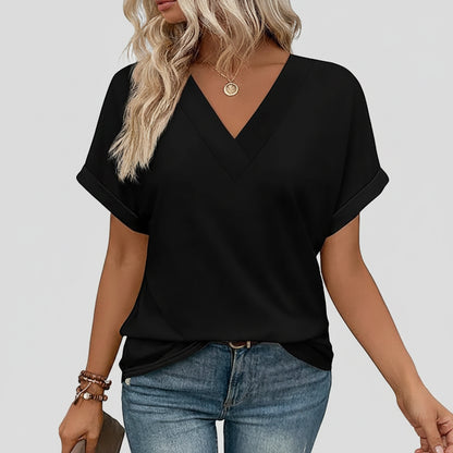 Damen T-Shirt Lässig V-Ausschnitt Lockerer Sitz Kurzarm Sommeroberteil