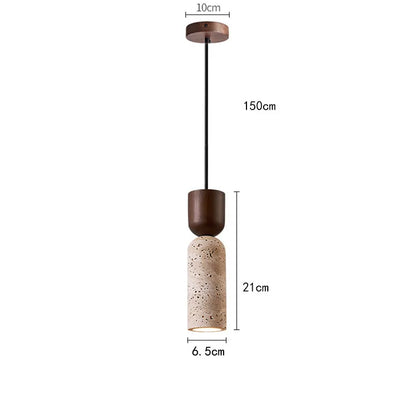 Candeeiro Suspenso Wabi-Sabi em Travertino e Madeira | Iluminação Minimalista Japonesa para Cabeceira