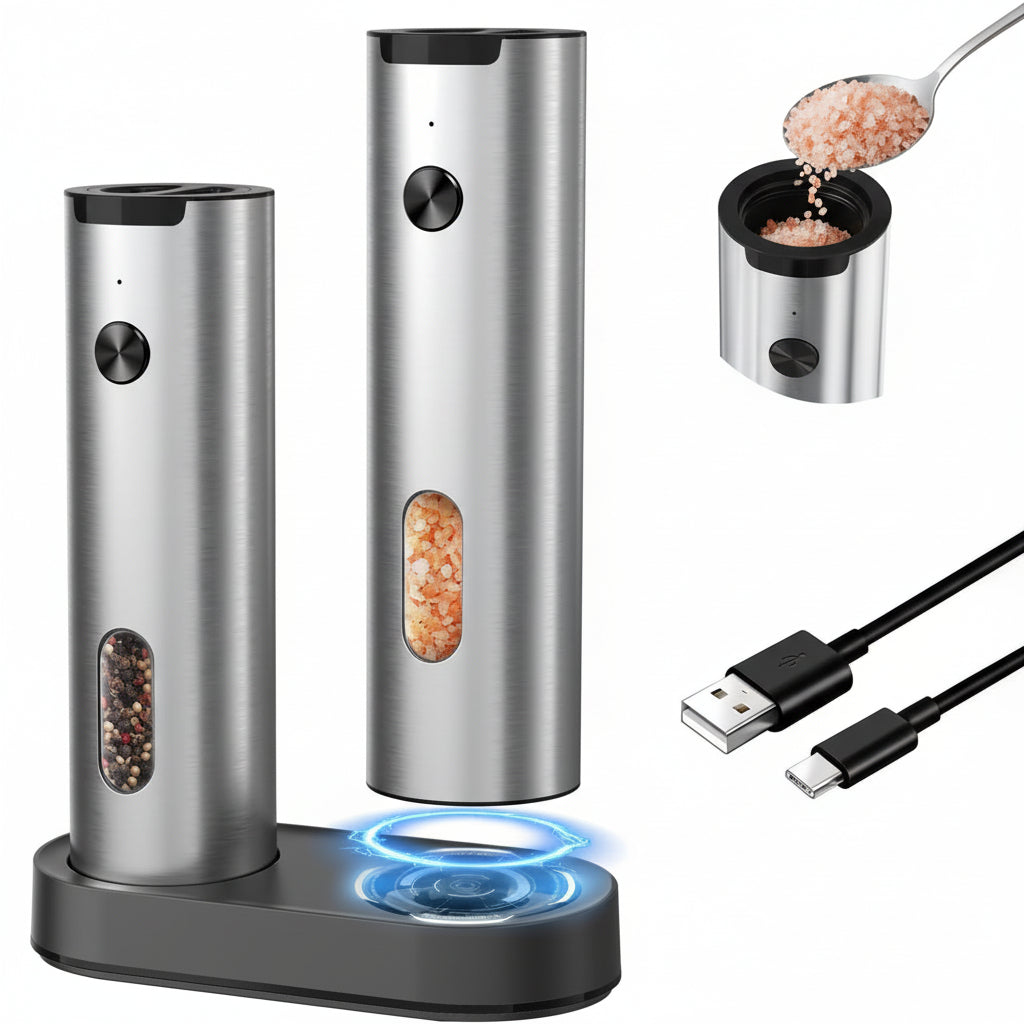 Conjunto de Moinhos Elétricos de Sal e Pimenta USB Recarregável Base de Carregamento ProMax