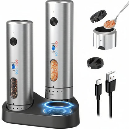 Conjunto de Moinhos Elétricos de Sal e Pimenta USB Recarregável Base de Carregamento ProMax