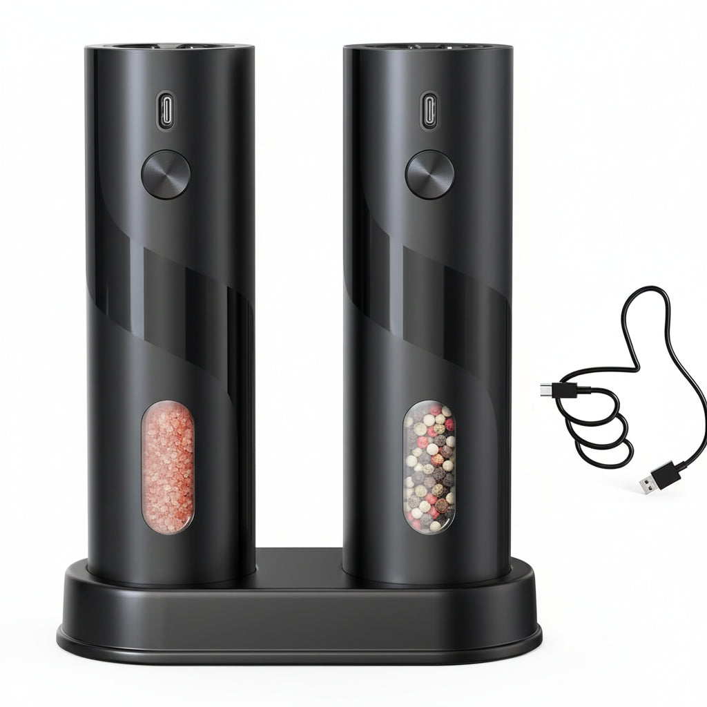 Conjunto de Moinhos Elétricos de Sal e Pimenta USB Recarregável Base de Carregamento ProMax