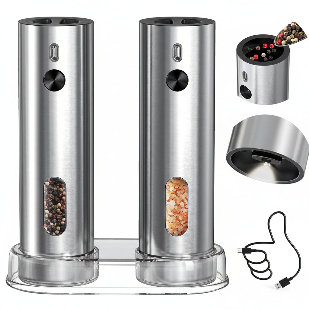Conjunto de Moinhos Elétricos de Sal e Pimenta USB Recarregável Base de Carregamento ProMax