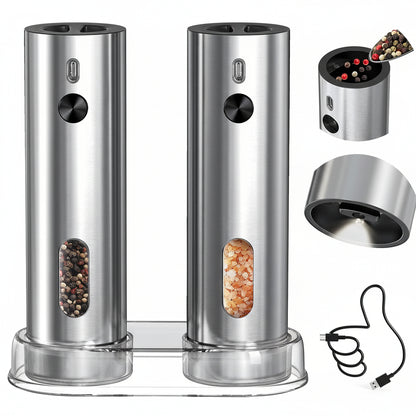 Conjunto de Moinhos Elétricos de Sal e Pimenta USB Recarregável Base de Carregamento ProMax