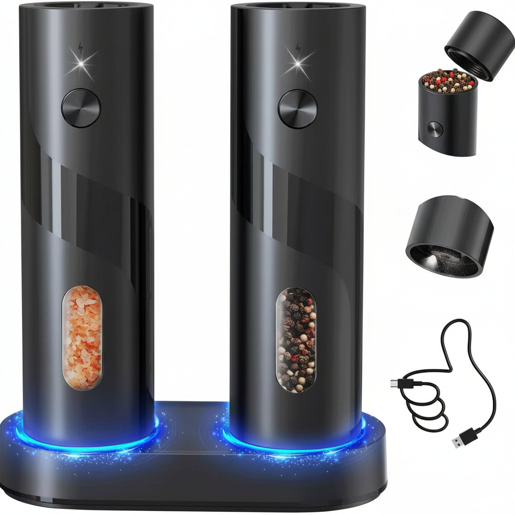 Conjunto de Moinhos Elétricos de Sal e Pimenta USB Recarregável Base de Carregamento ProMax