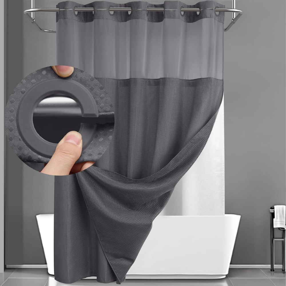 Set de baie cu perdea de duș din țesătură tip vafe, geometrică, cu dublu strat