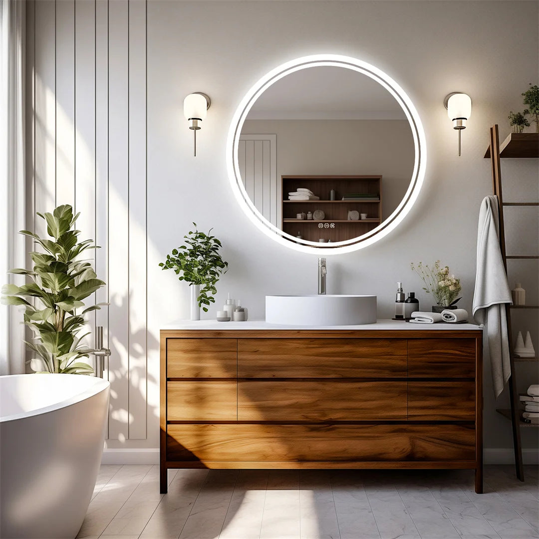 LuvoRound | Oglindă rotundă LED pentru baie | Ecran tactil anti-ceață și reglabilă intensitate