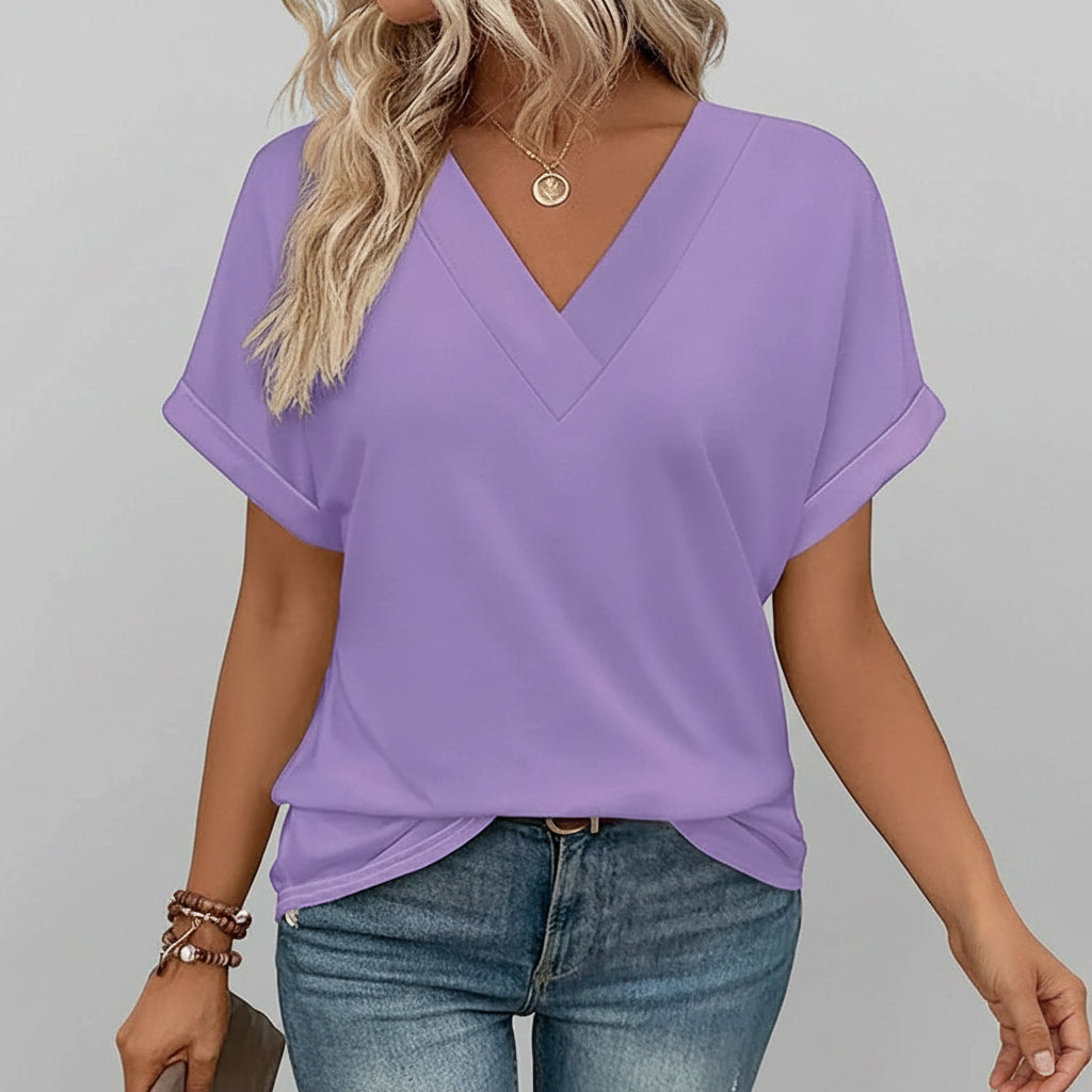 Damen T-Shirt Lässig V-Ausschnitt Lockerer Sitz Kurzarm Sommeroberteil