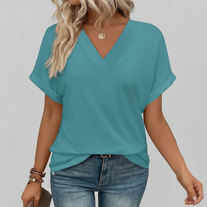 Damen T-Shirt Lässig V-Ausschnitt Lockerer Sitz Kurzarm Sommeroberteil