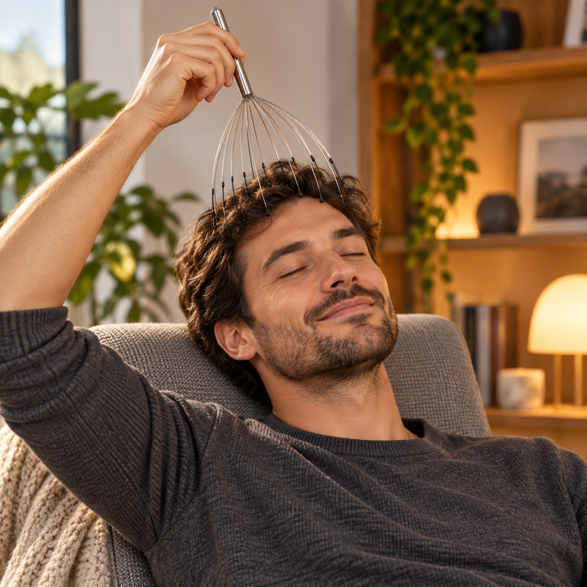 Massageredskab til afslapning og stimulering, der lindrer stress i hovedbunden