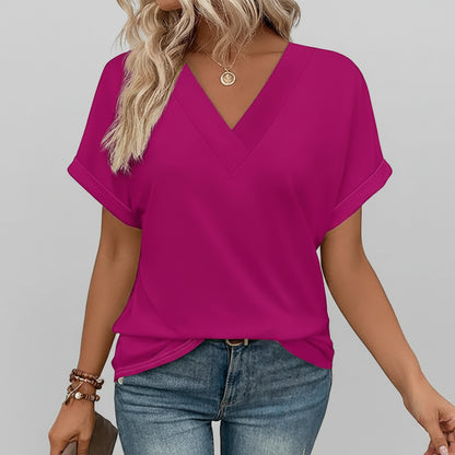 Damen T-Shirt Lässig V-Ausschnitt Lockerer Sitz Kurzarm Sommeroberteil