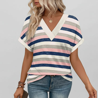 Damen T-Shirt Lässig V-Ausschnitt Lockerer Sitz Kurzarm Sommeroberteil