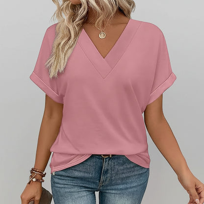 Damen T-Shirt Lässig V-Ausschnitt Lockerer Sitz Kurzarm Sommeroberteil