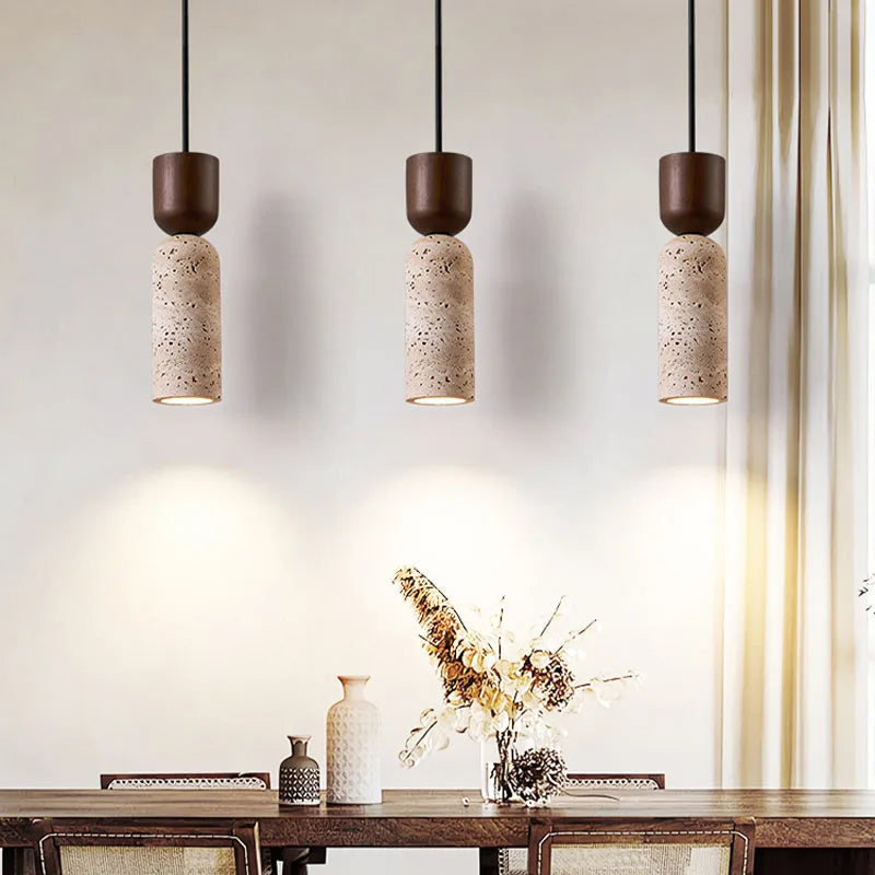 Candeeiro Suspenso Wabi-Sabi em Travertino e Madeira | Iluminação Minimalista Japonesa para Cabeceira