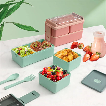 1400ml Double Layer Bento Box | Portable Lunch Box with Fork & Spoon – Microwave Safe Food Storage for Kids & Adults