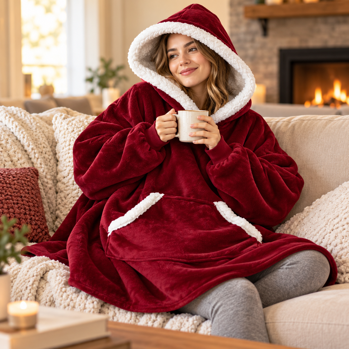 Sherpa Lined Plaid Blanket Hoodie Oversized Cozy Pullover