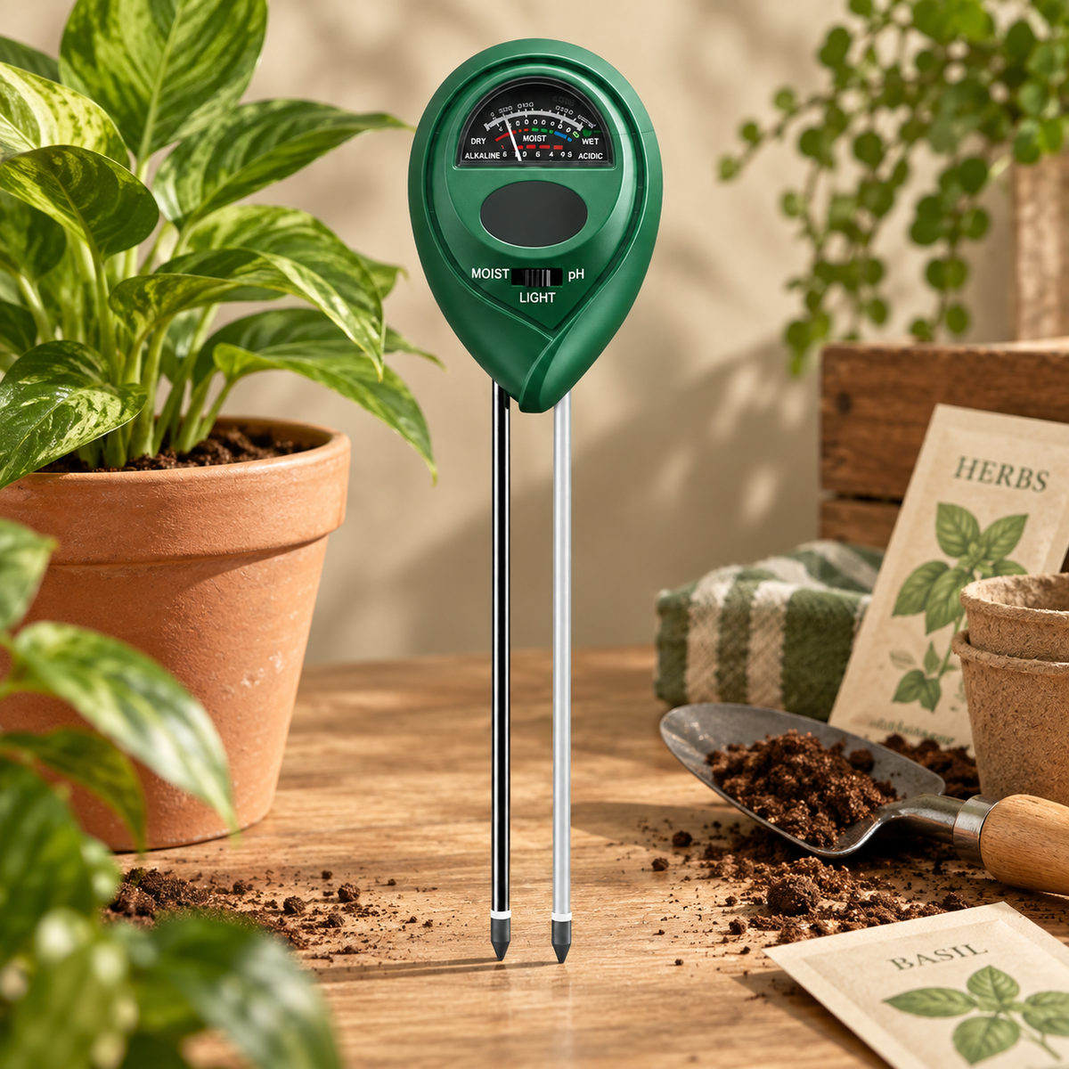 Misuratore di umidità del terreno, strumento da giardinaggio, sensore a tre vie