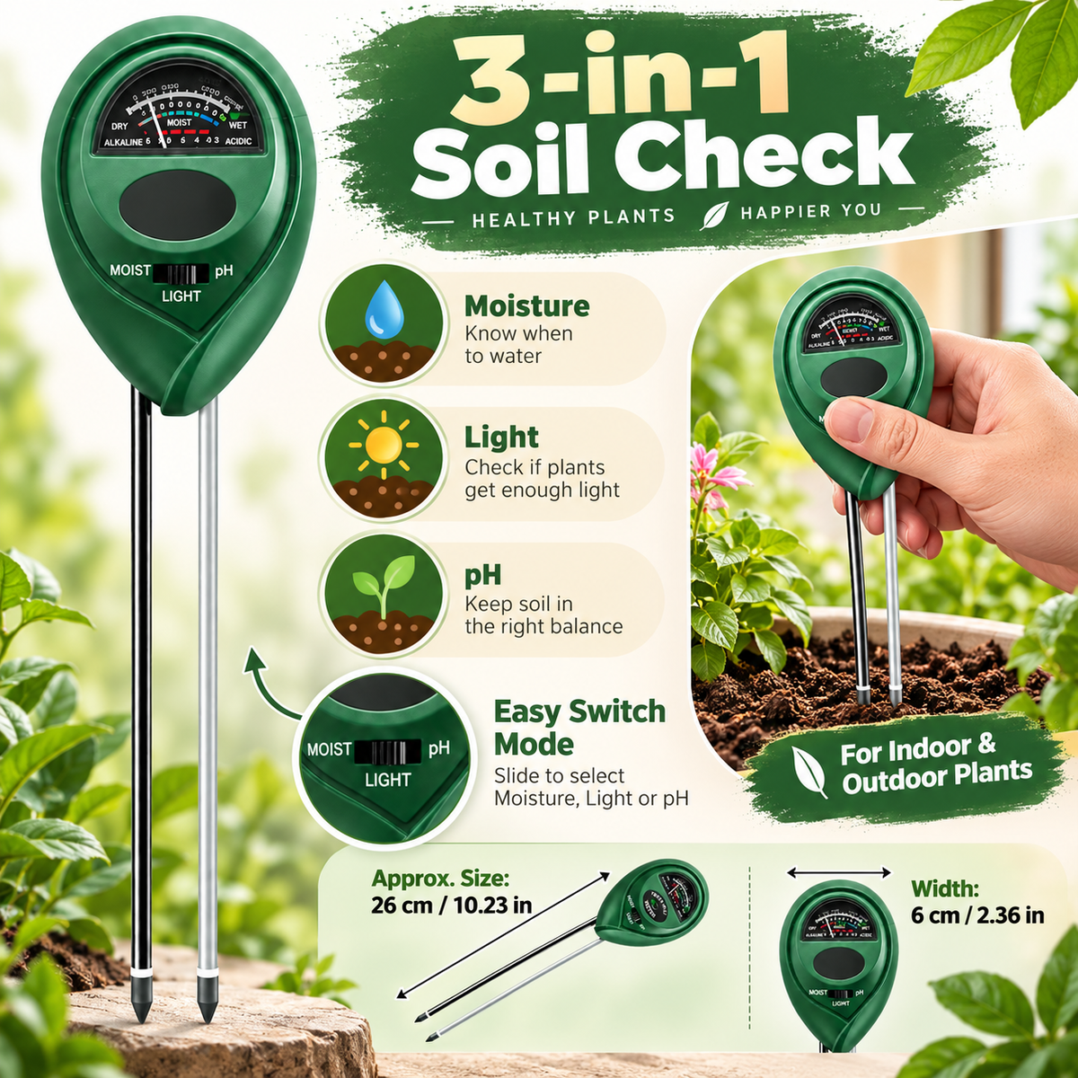 Misuratore di umidità del terreno, strumento da giardinaggio, sensore a tre vie