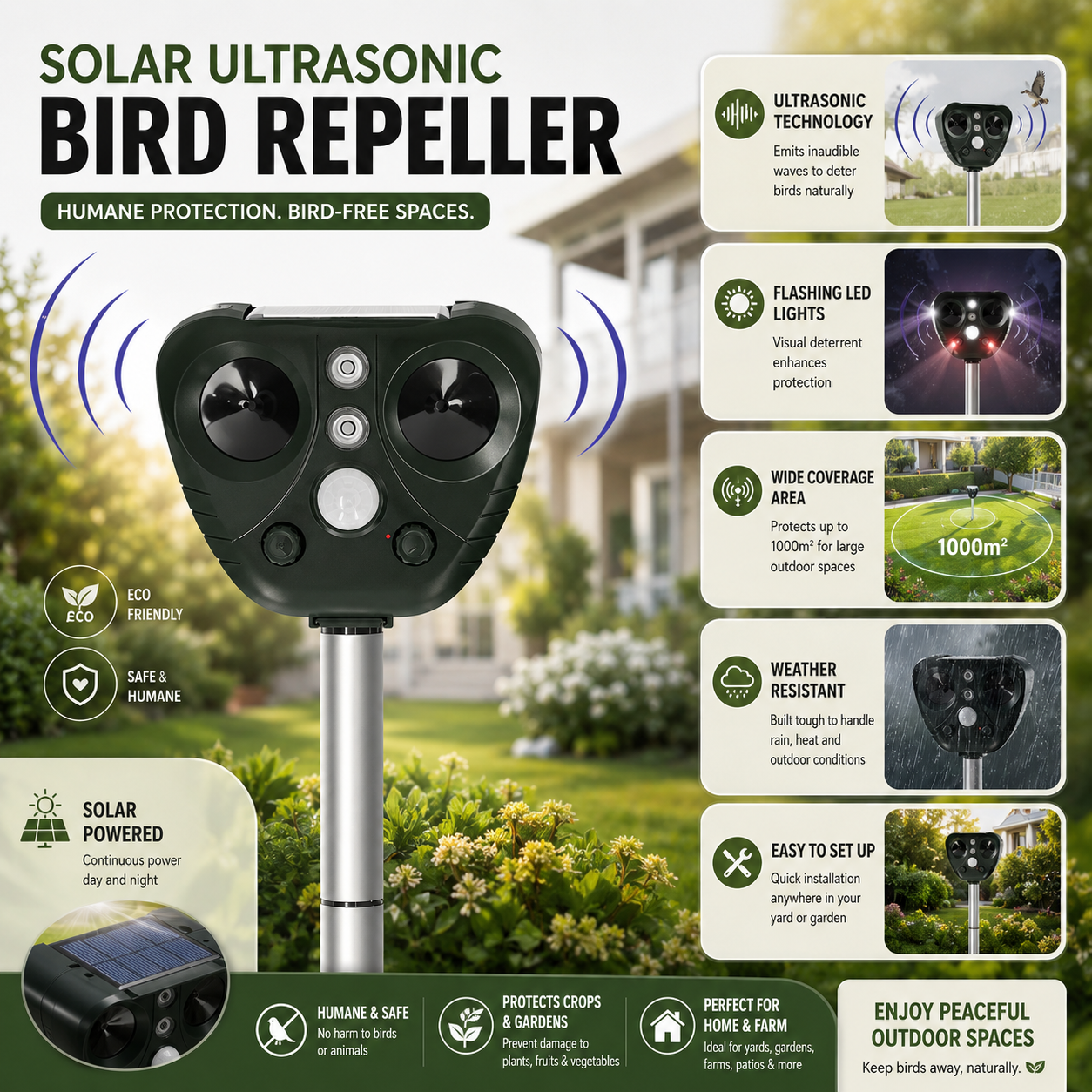 Solar-Ultraschall Vogelabwehr Außen Garten Hof Schädlingsbekämpfung