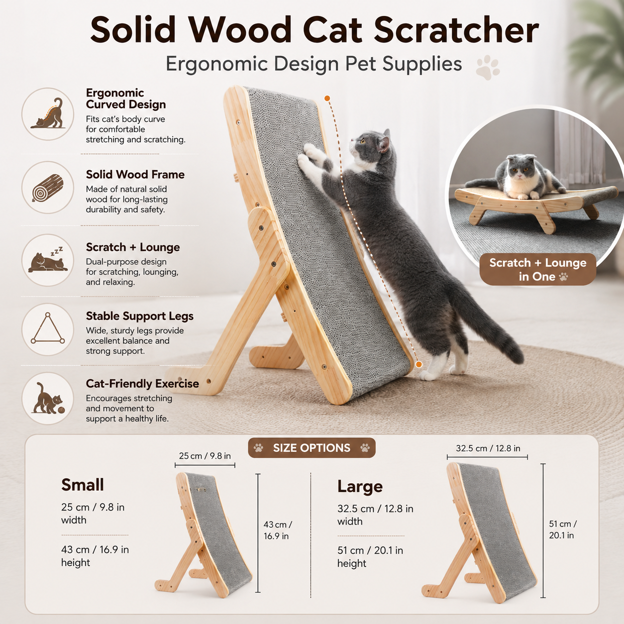 Solid Wood Cat Scratcher Ergonomic Design Pet Supplies