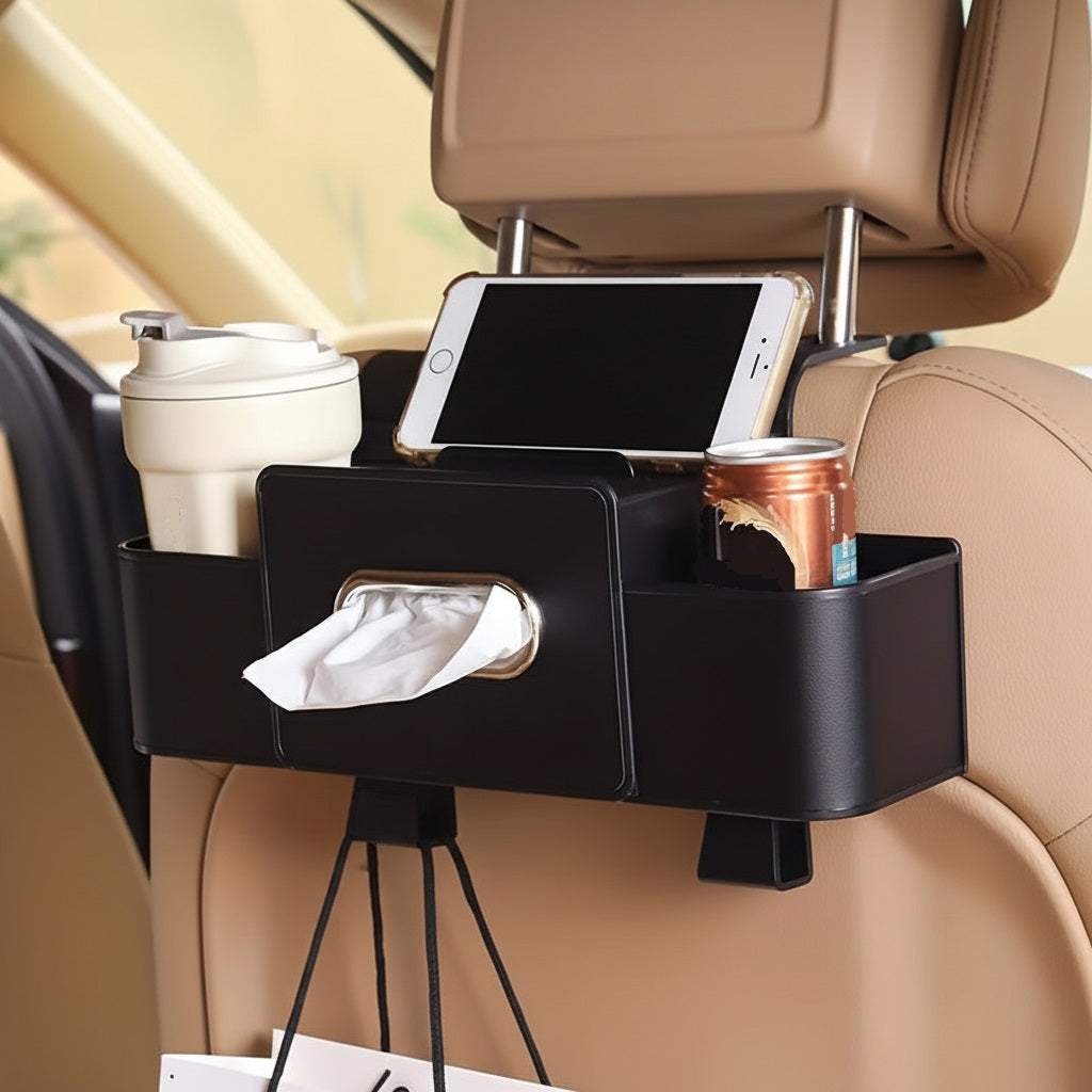 Organizador de asiento con caja de almacenamiento trasera y portavasos multifuncional