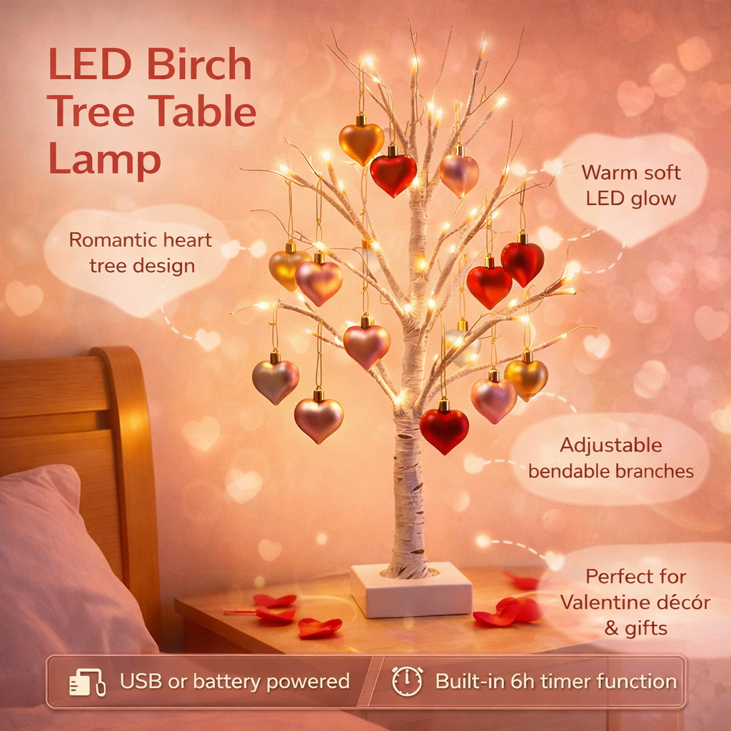 Lámpara de mesa LED Corazón de árbol de abedul Luz Decoración para el hogar de San Valentín
