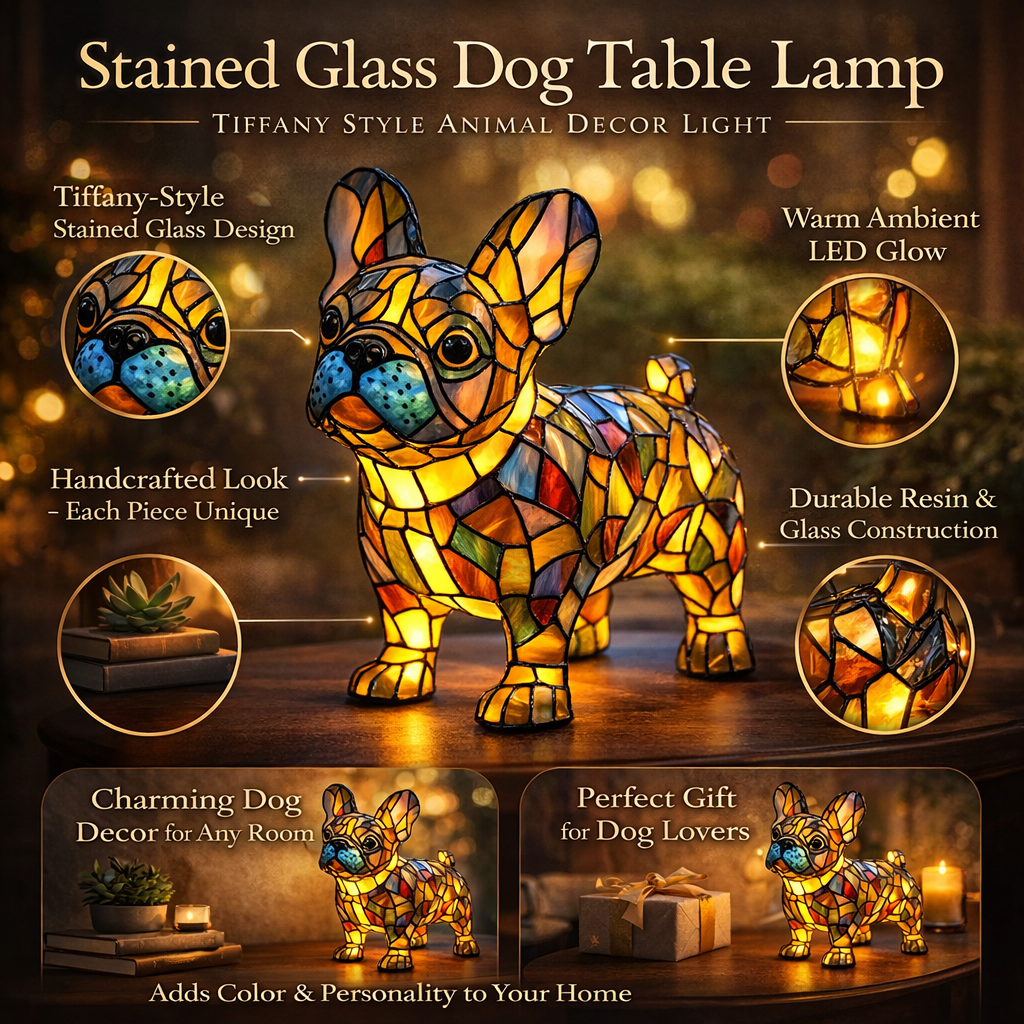מנורת שולחן בעבודת זכוכית צבעונית בצורת כלב עם אור LED