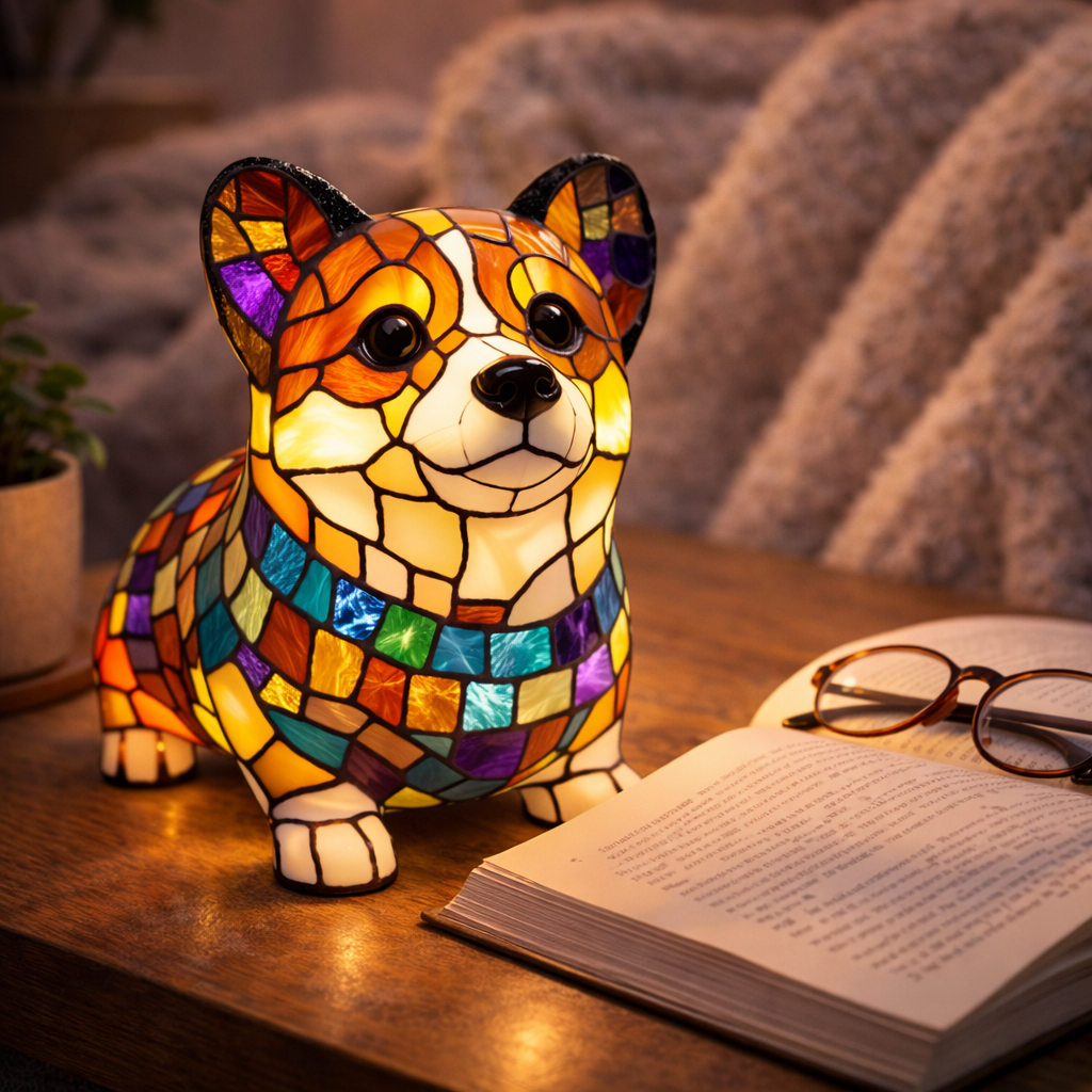 Candeeiro de Mesa LED Estatueta de Cão Vidro Colorido Luz Noturna Quarto