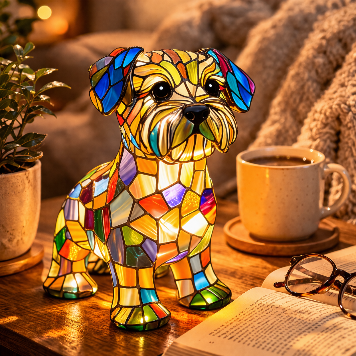 Candeeiro de Mesa LED Estatueta de Cão Vidro Colorido Luz Noturna Quarto