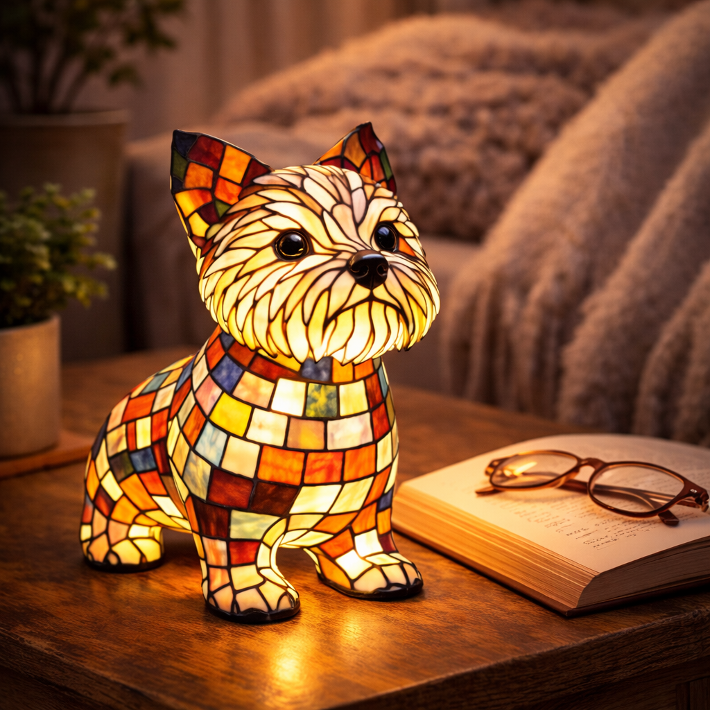 Candeeiro de Mesa LED Estatueta de Cão Vidro Colorido Luz Noturna Quarto