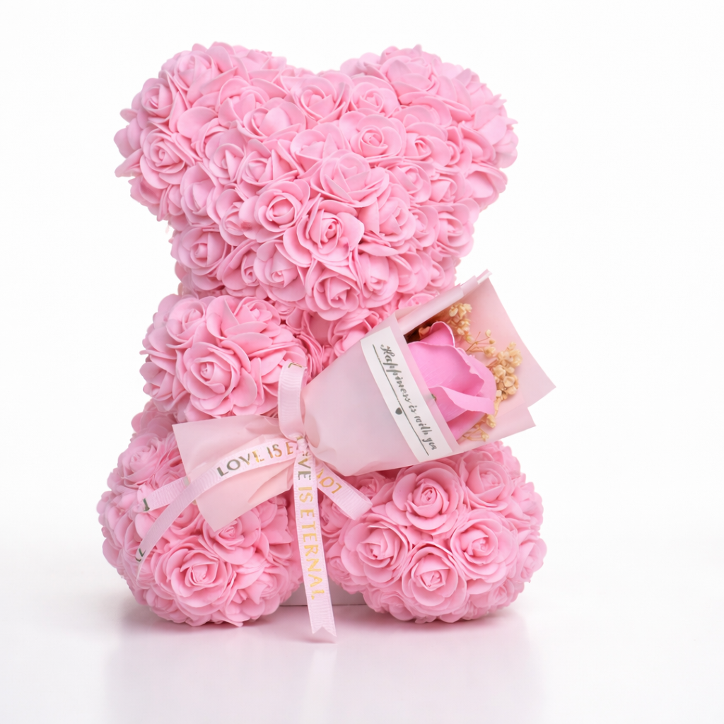 Decor de masă Ursuleț cu trandafir Floare artificială Cadou de Valentine Expunere