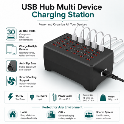 Hub USB stație de încărcare pentru mai multe dispozitive, cu design cu porturi multiple