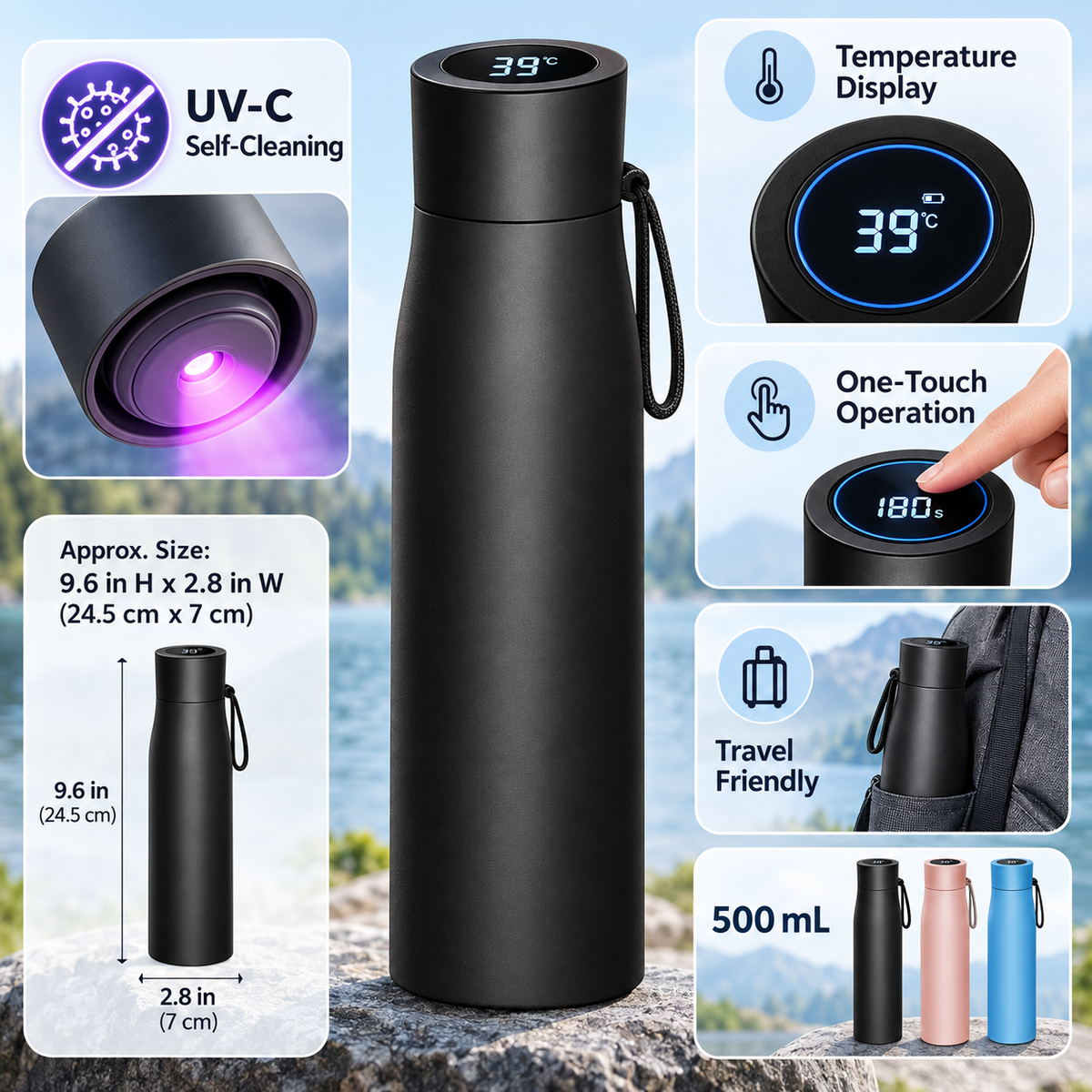UV-lysflaske til vand med selvrensning og temperaturdisplay